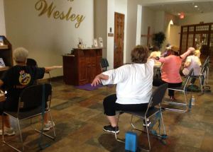 Chair Yoga in Warrior II at Wesley UMC in Nederland, Texas. Yoga with Gail Pickens-Barger