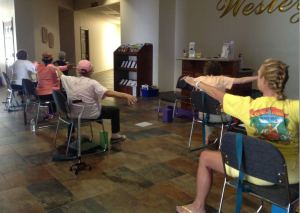 Chair Yoga in Warrior II at Wesley UMC in Nederland, Texas. Yoga with Gail Pickens-Barger