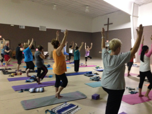 Tree pose by my yoga students at Wesley UMC in Nederland, Texas. Yoga with Gail Pickens-Barger