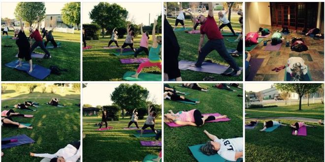 Yoga near me 77627, in Nederland, Texas. Show a bit of the people enjoying yoga. This class was normally done in the foyer of the church sanctuary, and on good weather days, we'll take the yoga outside at the prayer garden gazebo.