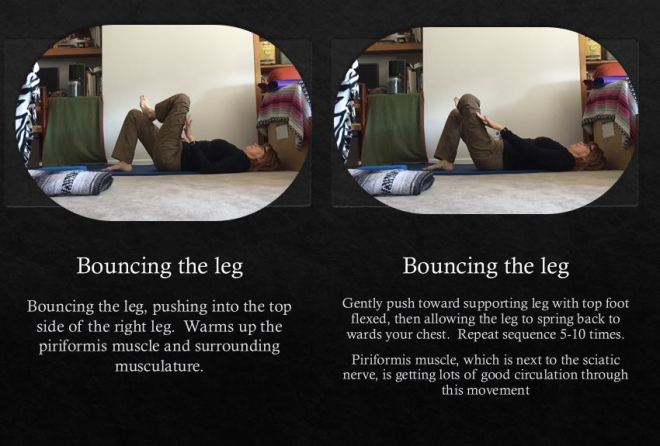 Bouncing the leg to warm up the piriformis musculature - Yoga with Gail - Easing Back Pain