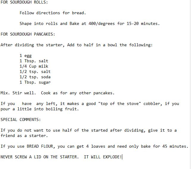 Sourdough bread recipe for making into rolls or pancakes. Recipe from 1976